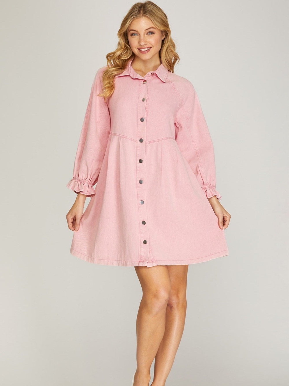 Dusty Rose Button-Front Denim Babydoll Dress - Picture 1 of 5
